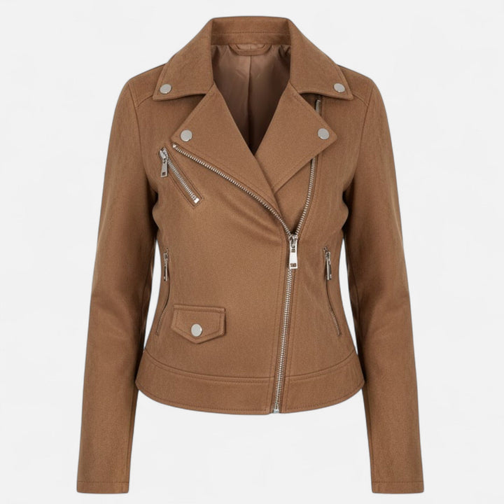 Chic women's slim lapel zip jacket with practical pockets, an essential for versatile outerwear.