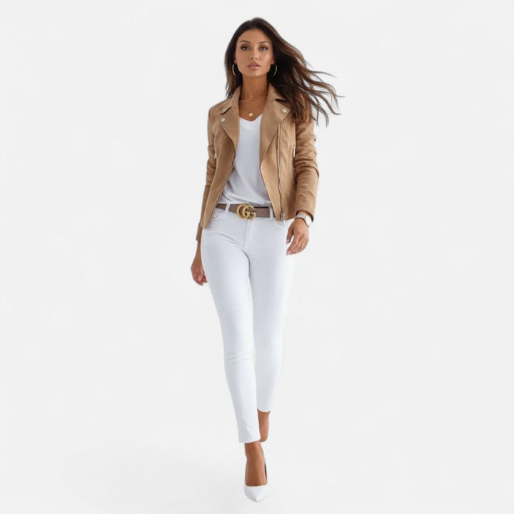 Effortless women's slim lapel zip jacket with pockets, perfect for chic spring and autumn style.