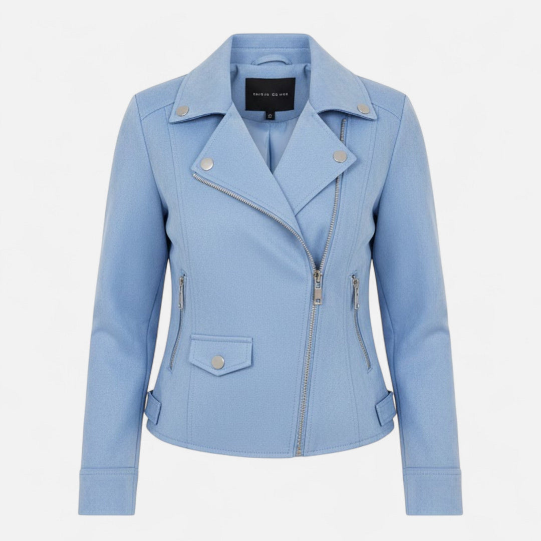 Stylish women's zip-front jacket with slim lapels and functional pockets, great for versatile fashion.
