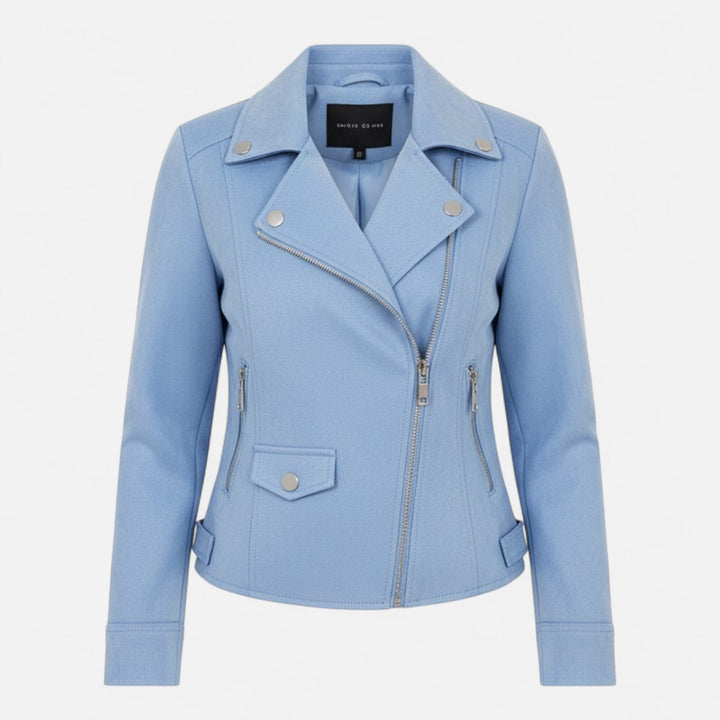 Stylish women's zip-front jacket with slim lapels and functional pockets, great for versatile fashion.