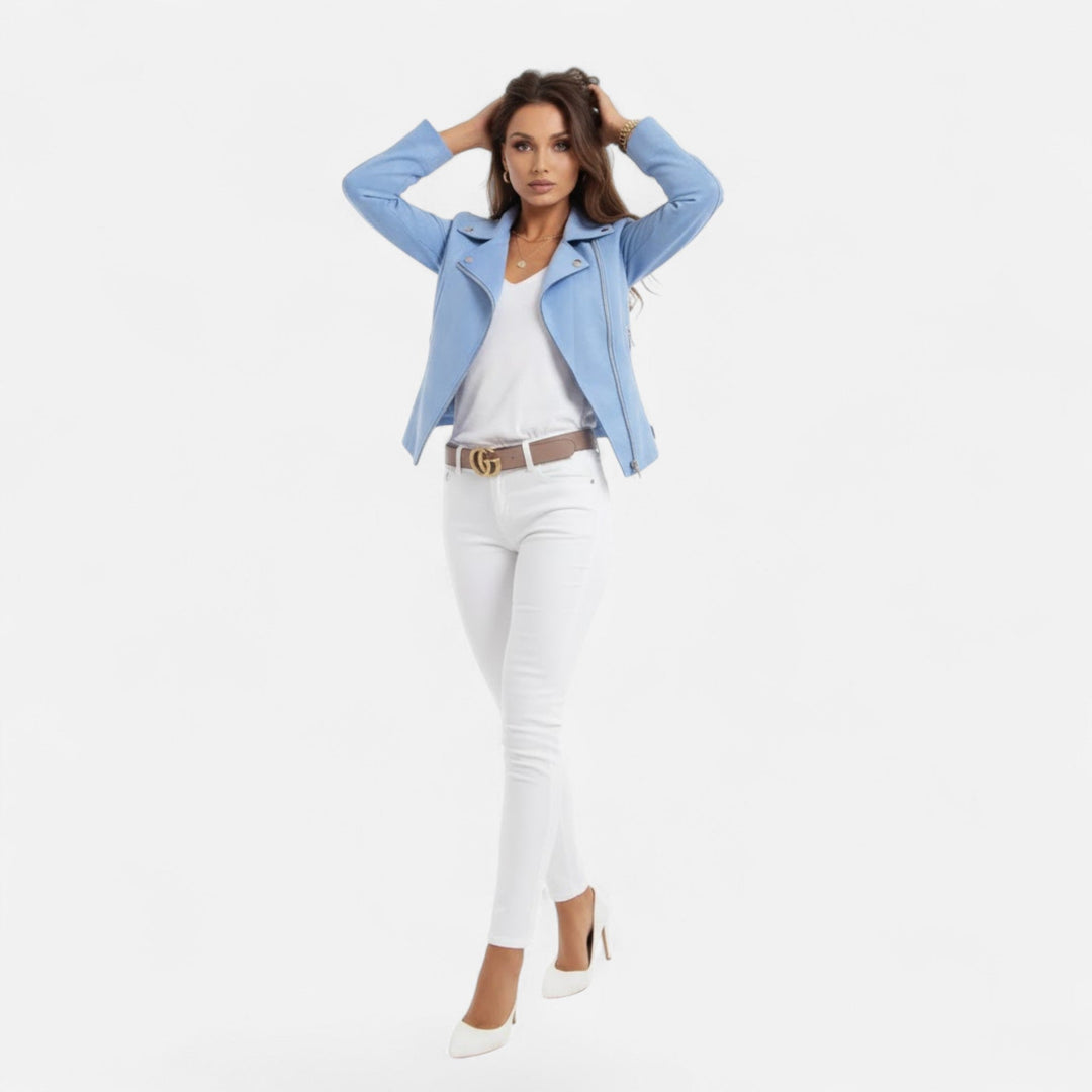 Women's elegant slim lapel zip jacket with convenient pockets, a versatile fashion outerwear staple.