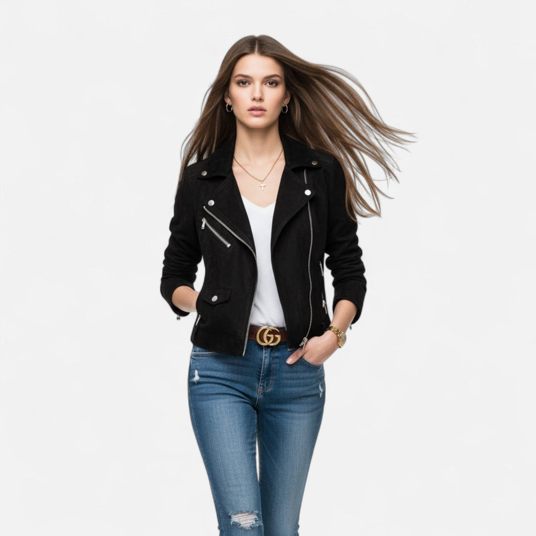 Autumn style women's zip jacket with slim lapels & pockets, perfect for cool weather chic.
