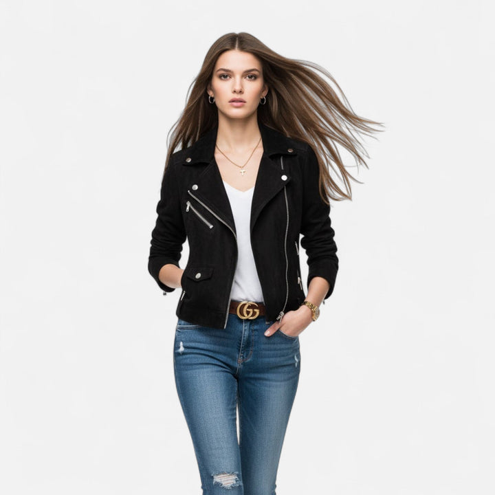 Autumn style women's zip jacket with slim lapels & pockets, perfect for cool weather chic.