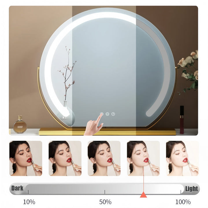 Rotating LED vanity mirror, adjustable light, touch control, perfect for beauty routines.