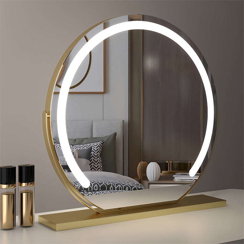 Rotating smart vanity mirror with adjustable LED light for optimal beauty illumination.