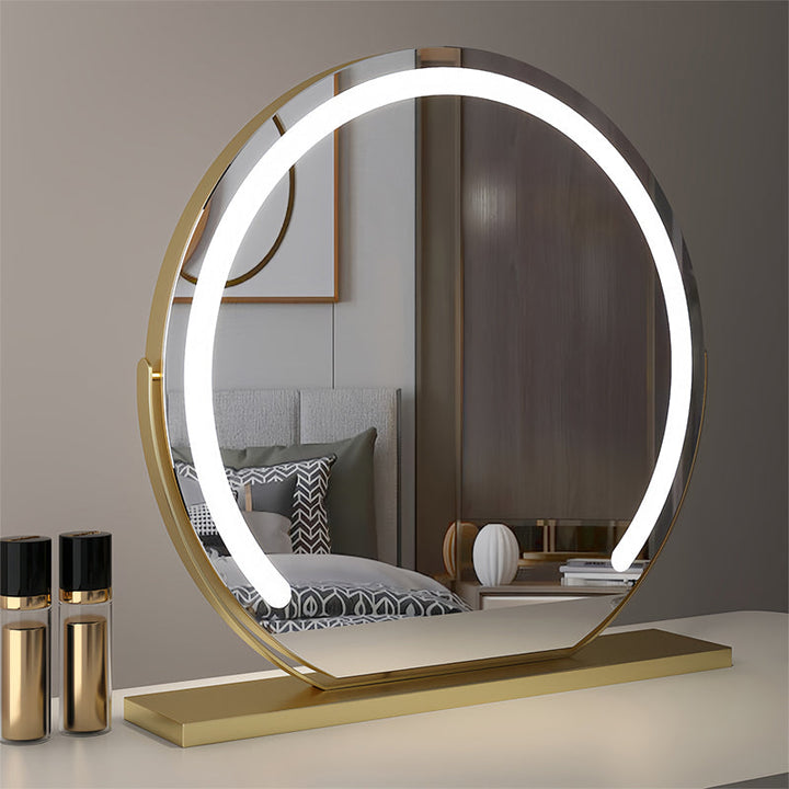 Rotating smart vanity mirror with adjustable LED light for optimal beauty illumination.