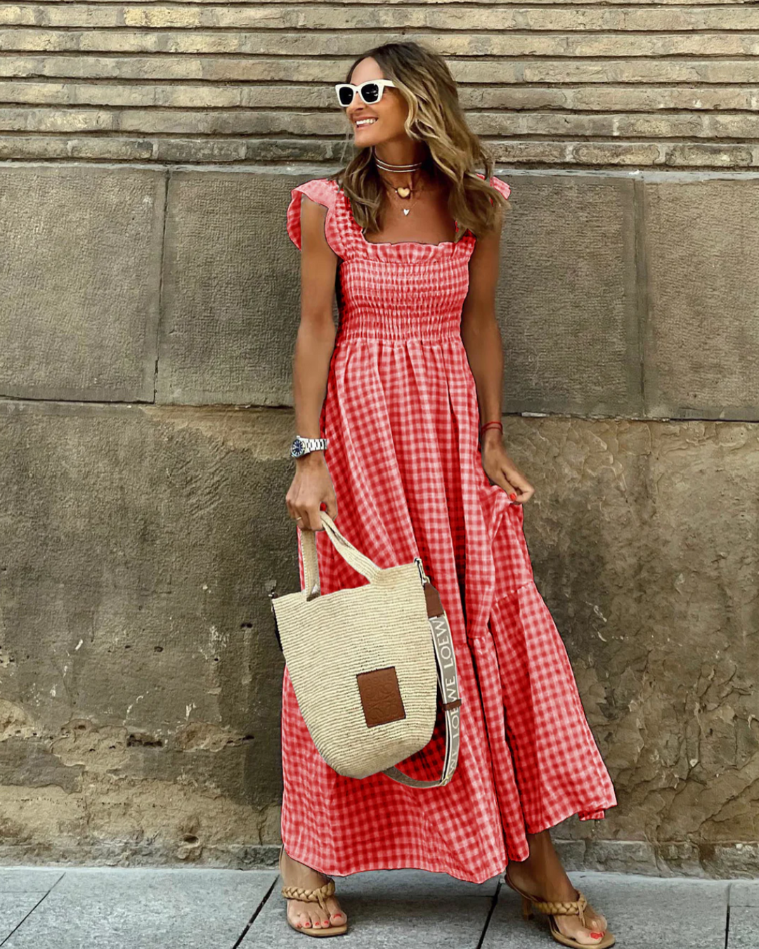 Versatile women's smocked maxi dress, suitable for both casual outings and special events.