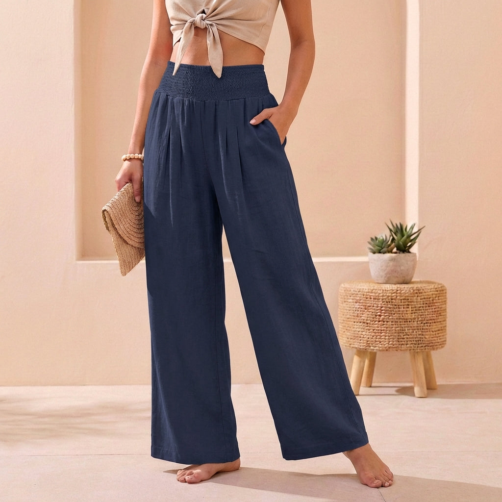 Casual women's smocked wide-leg pants. Perfect summer fashion, vacation outfit, loose & comfortable fit.