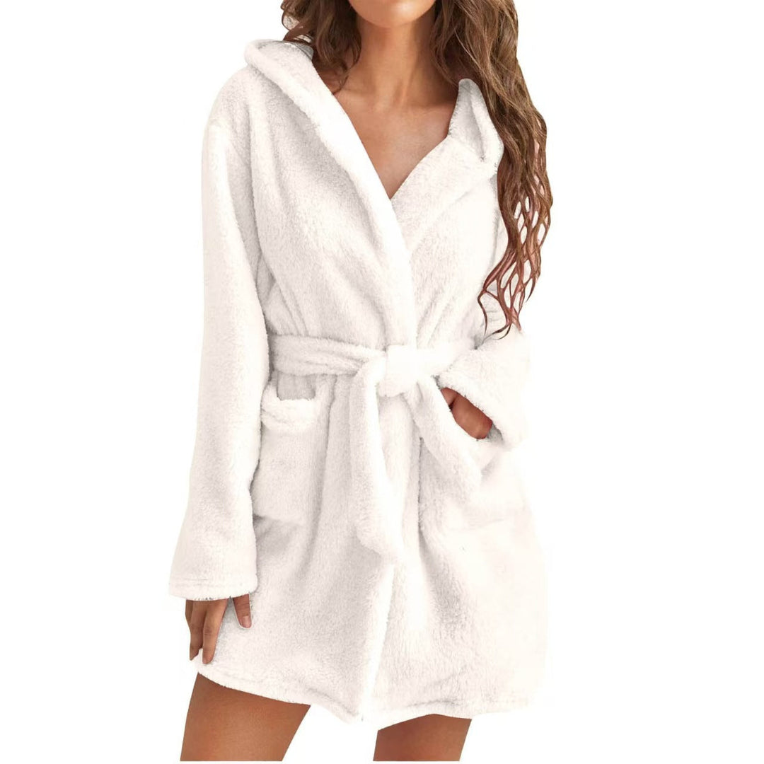 Luxurious women's hooded fleece bathrobe, providing cozy warmth and ultimate comfort for lounging.