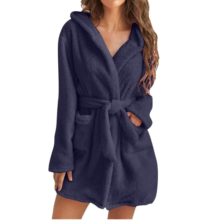 Rich blue women's fluffy hooded fleece bathrobe, designed for ultimate softness and cozy warmth.
