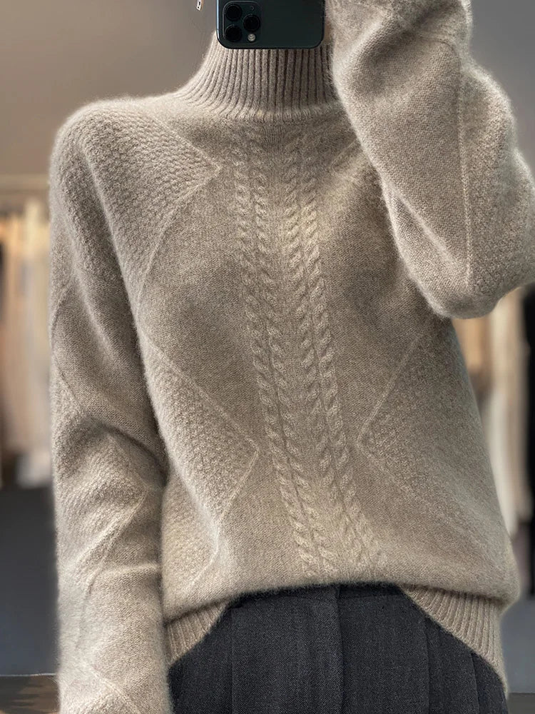 Chic white cashmere roll neck women's jumper, soft cable knit provides warmth & a classic luxury style.