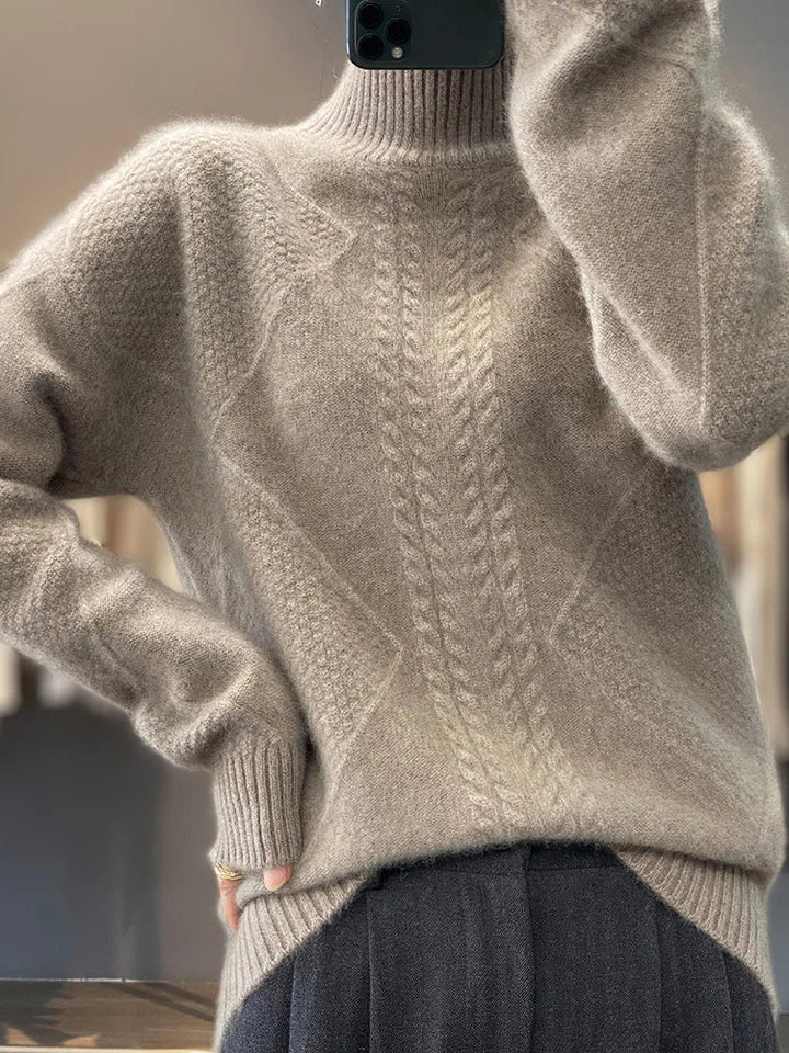 Warm & soft women's cashmere roll neck jumper, a cozy cable knit sweater perfect for luxurious winter wear.