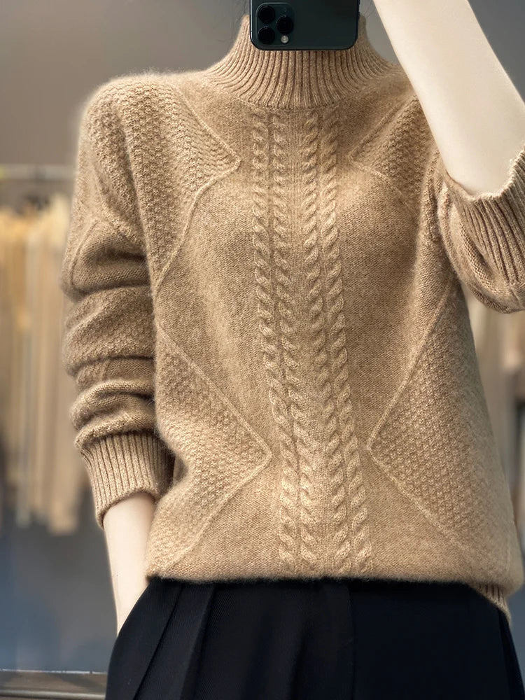 Luxury women's cashmere roll neck jumper in a stylish cable knit, an elegant top for fashionable winter outfits.