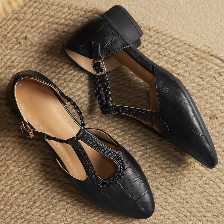 Women's soft leather T-strap Mary Janes on a model, demonstrating comfortable and stylish footwear