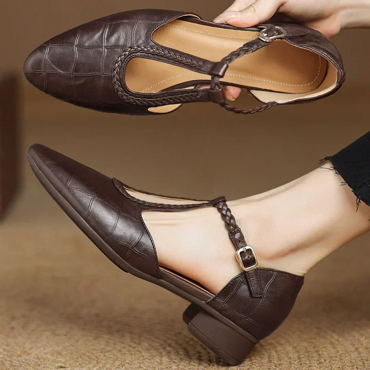 Comfortable women's soft leather T-strap Mary Janes in brown, perfect casual low heel footwear