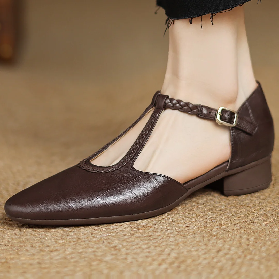 Pair of women's vintage style soft leather T-strap Mary Janes, ideal for comfortable daily wear