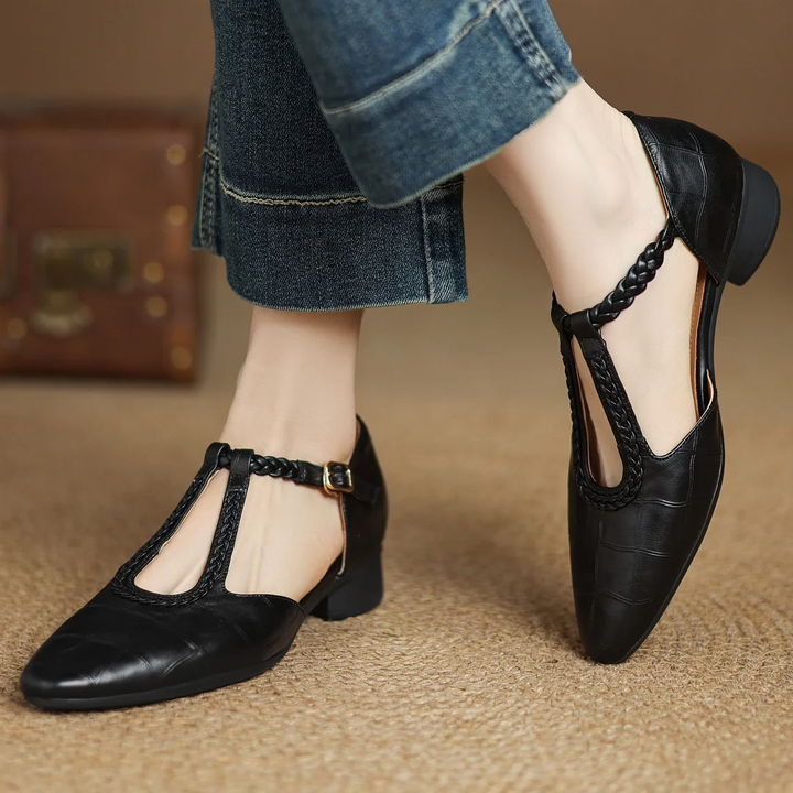 Soft leather T-strap Mary Janes for women in a rich burgundy color, combining comfort and vintage style