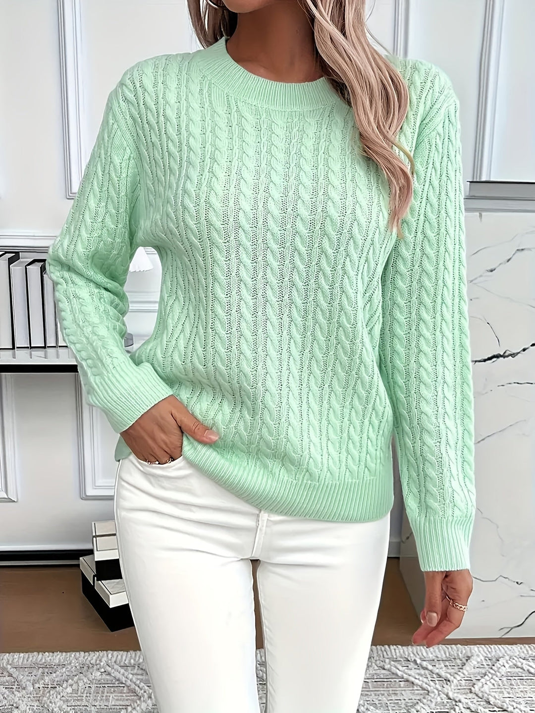 Women's soft cable knit sweater, long sleeve, round neck, perfect for stylish spring & autumn comfort.