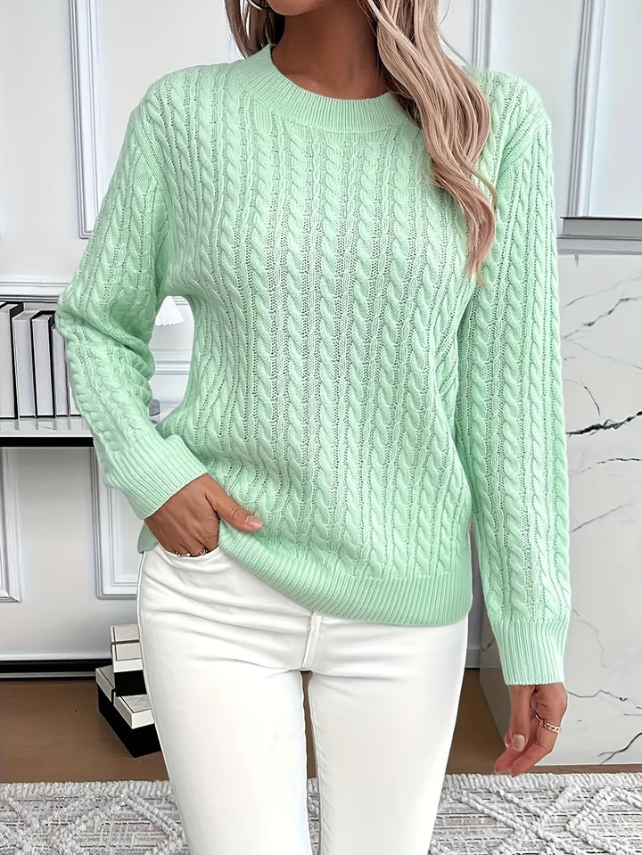 Women's soft cable knit sweater, long sleeve, round neck, perfect for stylish spring & autumn comfort.