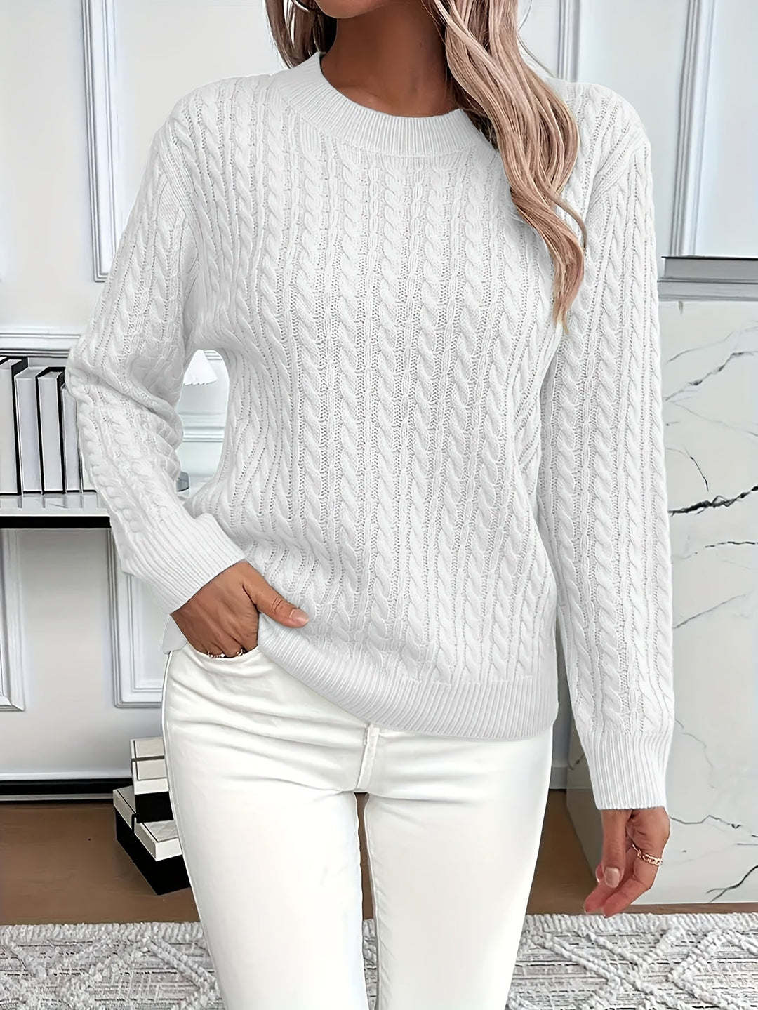 Textured cable knit women's sweater. Soft, cozy, long-sleeve, round neck for stylish spring & autumn fashion.