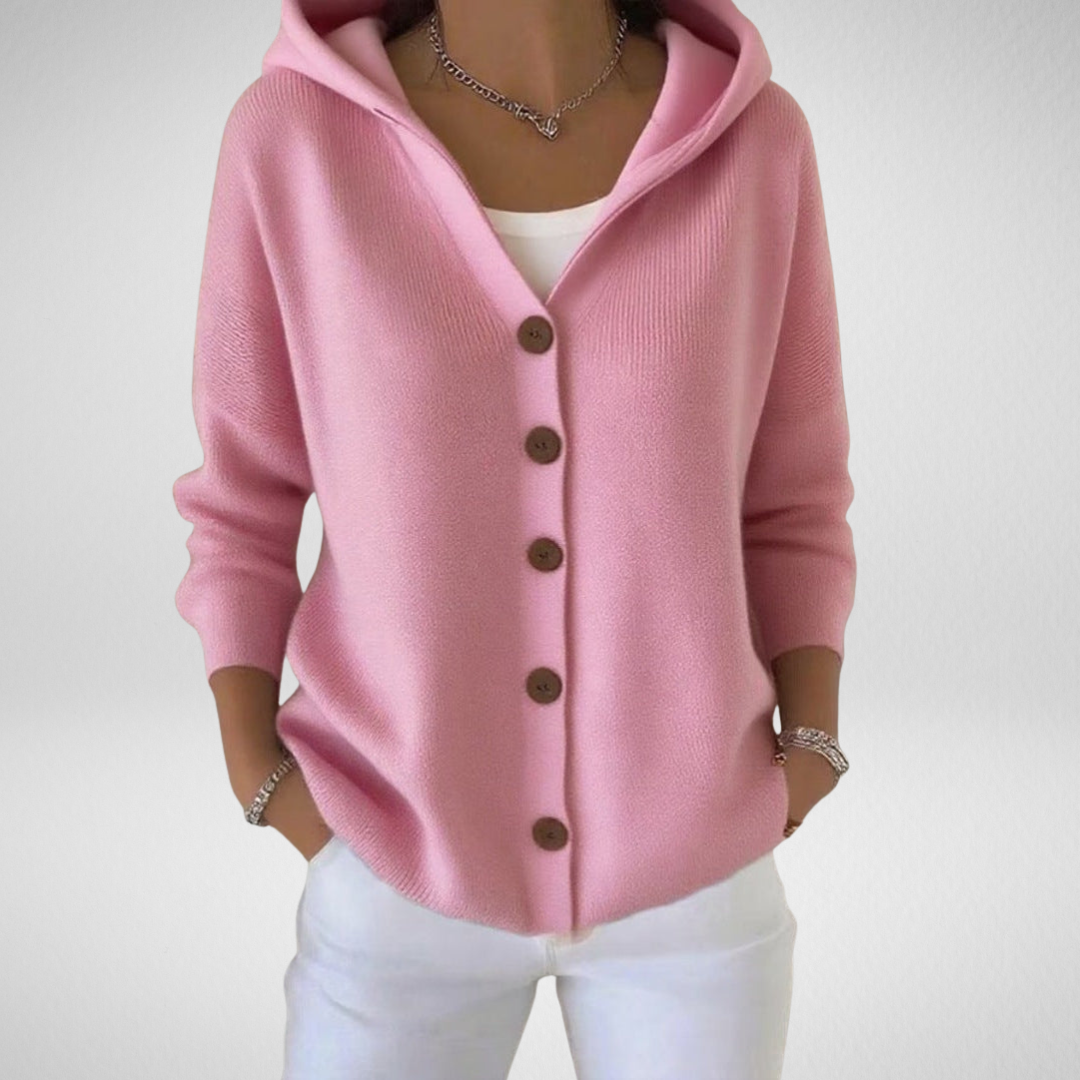 Women's soft cotton hooded cardigan in a neutral tone, perfect for casual layering.