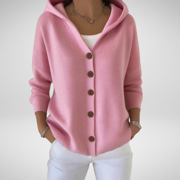 Women's soft cotton hooded cardigan in a neutral tone, perfect for casual layering.