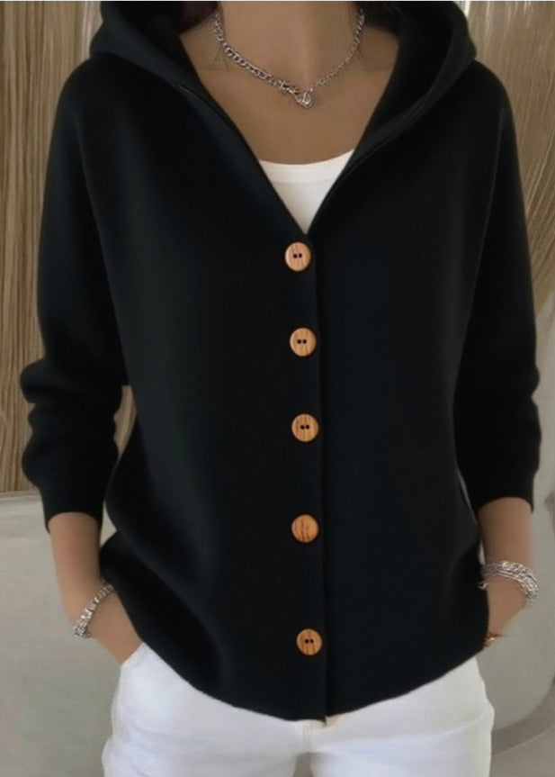Everyday women's long-sleeve hooded knit cardigan in a soft cotton fabric.
