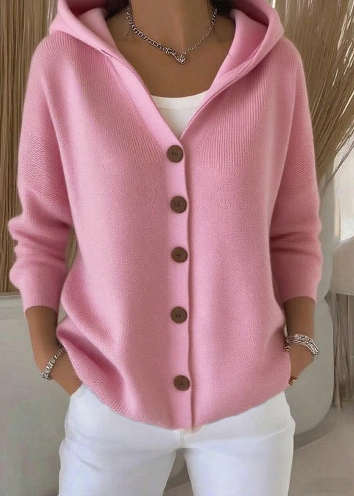 Comfortable women's lightweight cotton knit hooded cardigan, ideal for everyday wear.