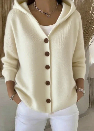 Chic women's hooded cotton knit cardigan, an essential versatile wardrobe item.