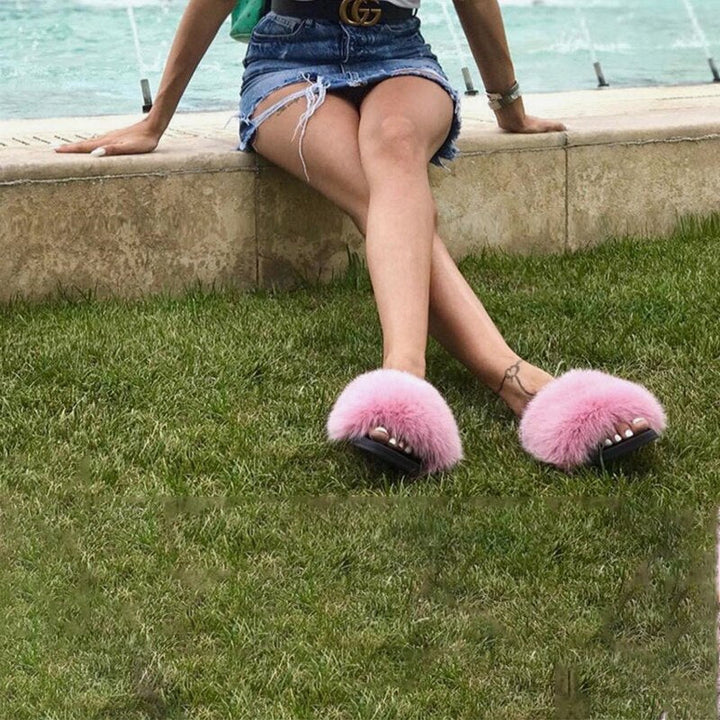 Women's soft fluffy plush open toe slide slippers, perfect for indoor & outdoor casual comfort.
