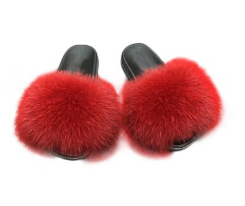Women's fluffy plush open-toe slide sandals. Soft, cozy comfort footwear for indoor outdoor loungewear.