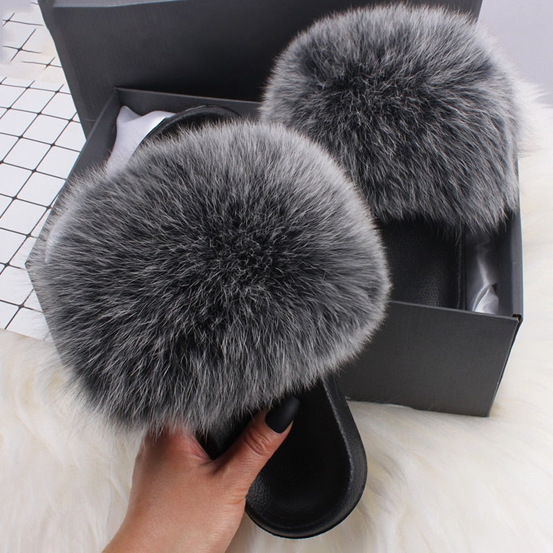 Women's fluffy plush open toe slides. Soft comfort footwear for cozy loungewear & casual fashion.