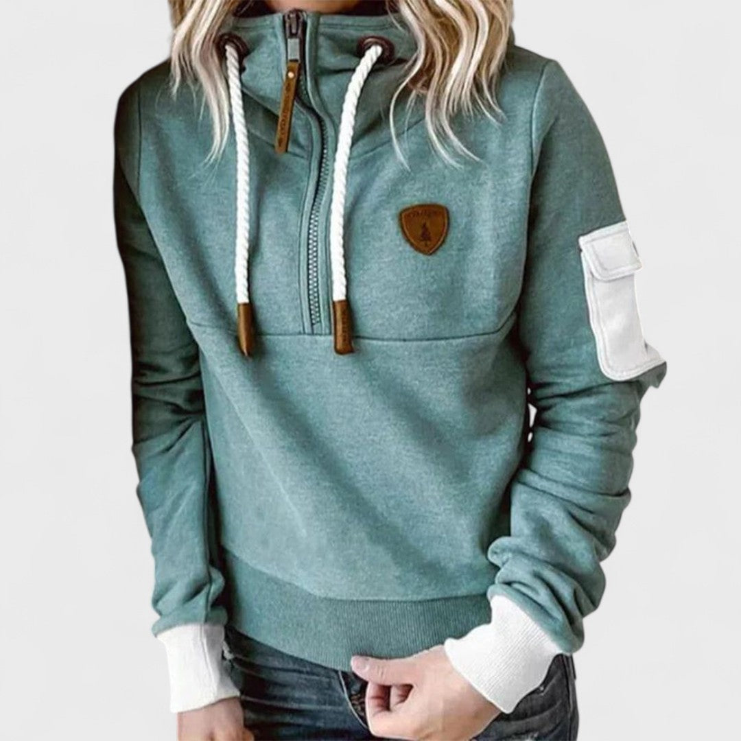 Women's soft knit jumper, casual grey with half-zip neckline, comfortable autumn fashion