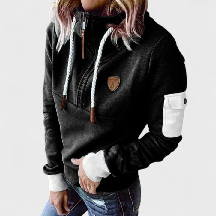 Back view of a women's plain soft knit zip neck jumper, emphasizing comfortable casual wear