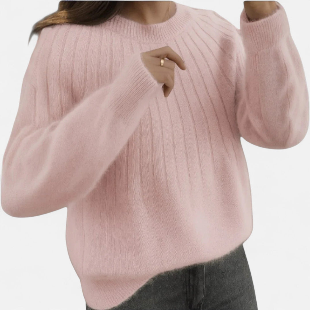 Women's soft knit sweater, elegant pullover style, perfect for timeless fashion & comfort.
