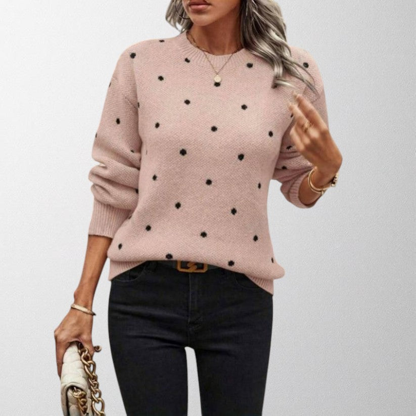 Casual women's knitted crew neck sweater featuring a classic polka dot design, soft and warm winter fashion