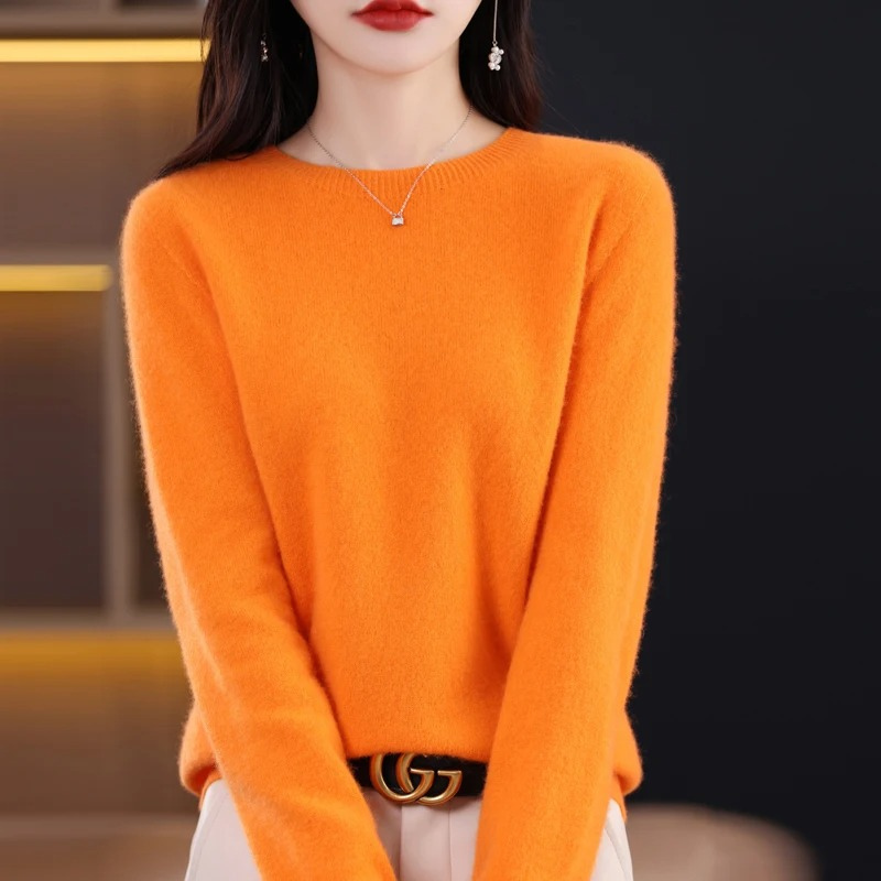Fashionable women's round neck knitwear. Soft, warm luxury sweater, perfect for winter elegance.