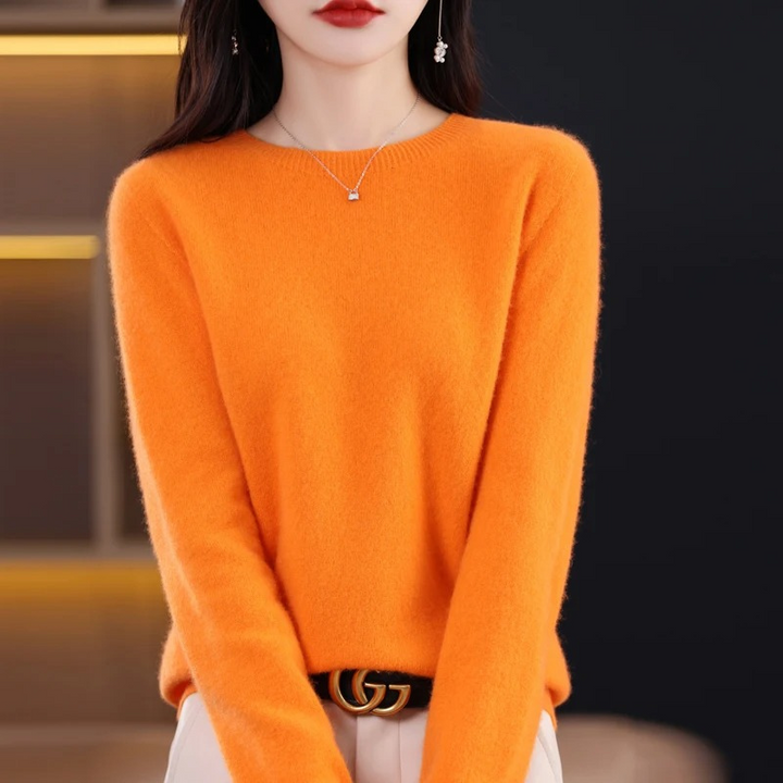 Fashionable women's round neck knitwear. Soft, warm luxury sweater, perfect for winter elegance.
