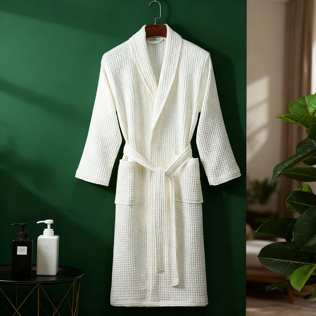 Textured white waffle lounge robe for women, ideal for relaxed home wear and spring comfort.