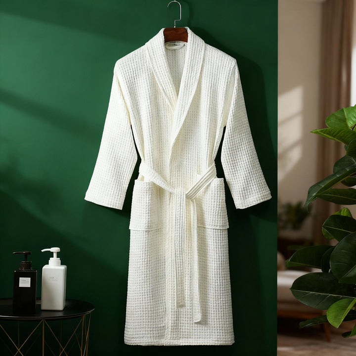 Textured white waffle lounge robe for women, ideal for relaxed home wear and spring comfort.
