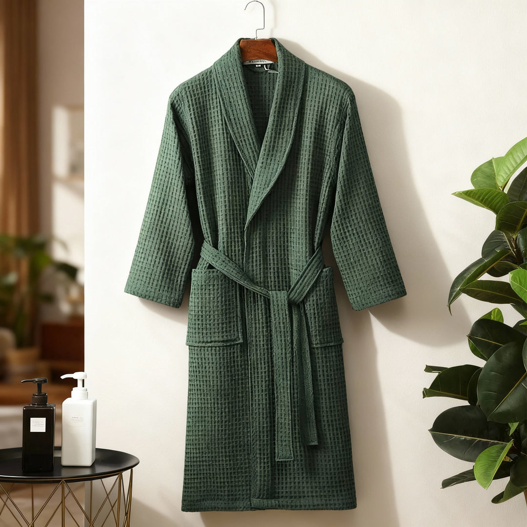 Lightweight women's spring waffle robe in a delicate blue hue, designed for ultimate lounge wear comfort.