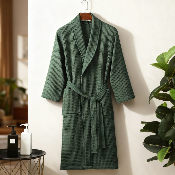 Lightweight women's spring waffle robe in a delicate blue hue, designed for ultimate lounge wear comfort.