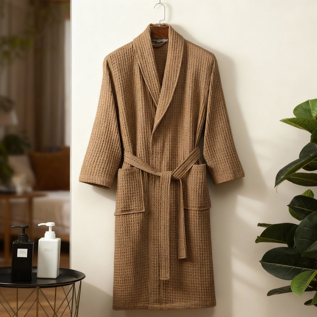 Casual grey women's waffle knit robe, versatile for spring and summer home wear. Soft and textured.