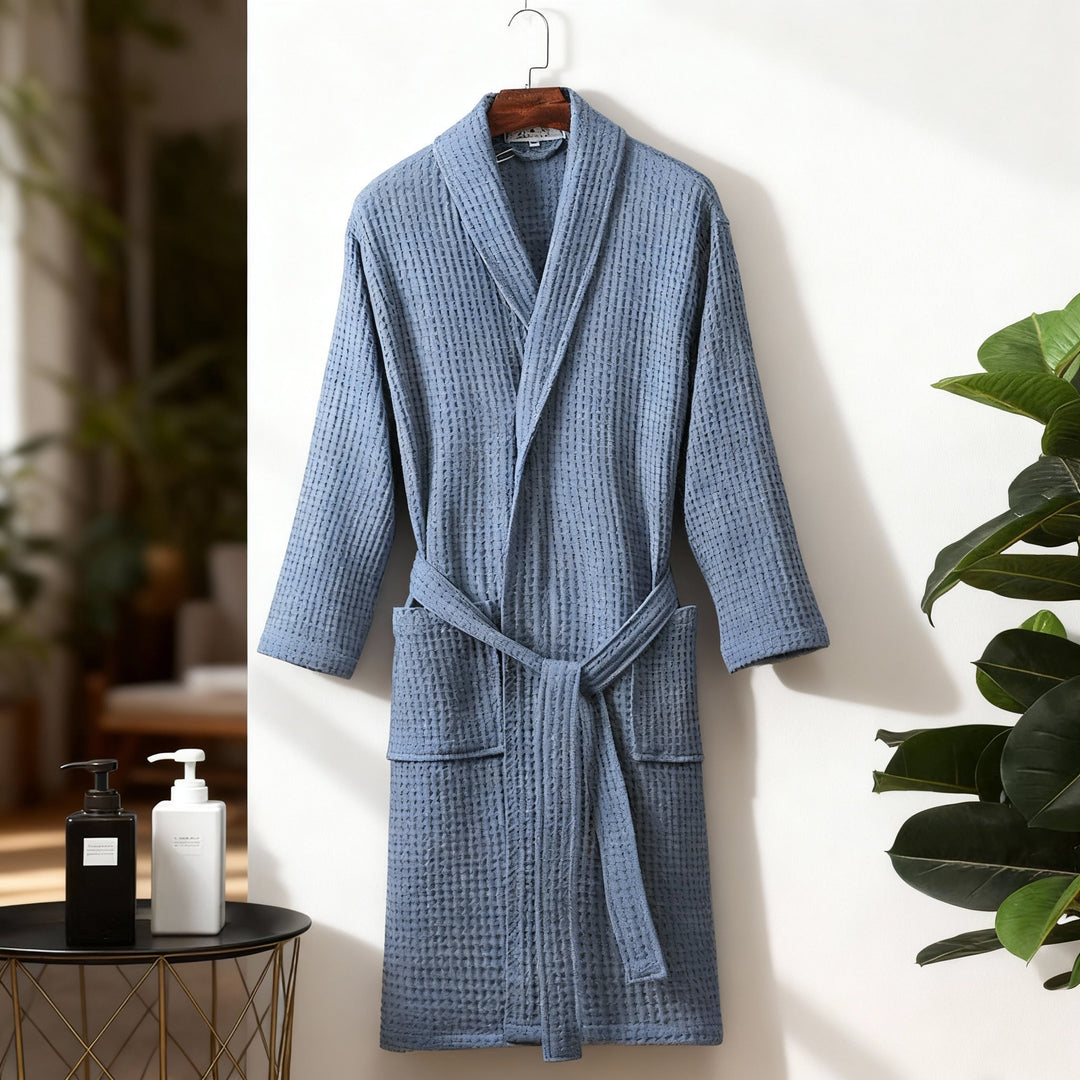 Stylish women's black waffle robe, a comfortable and casual option for spring and summer lounge wear.