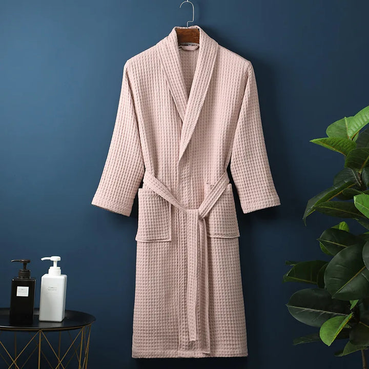 Front view of a women's breathable waffle weave lounge robe, excellent for spring and summer casual wear.