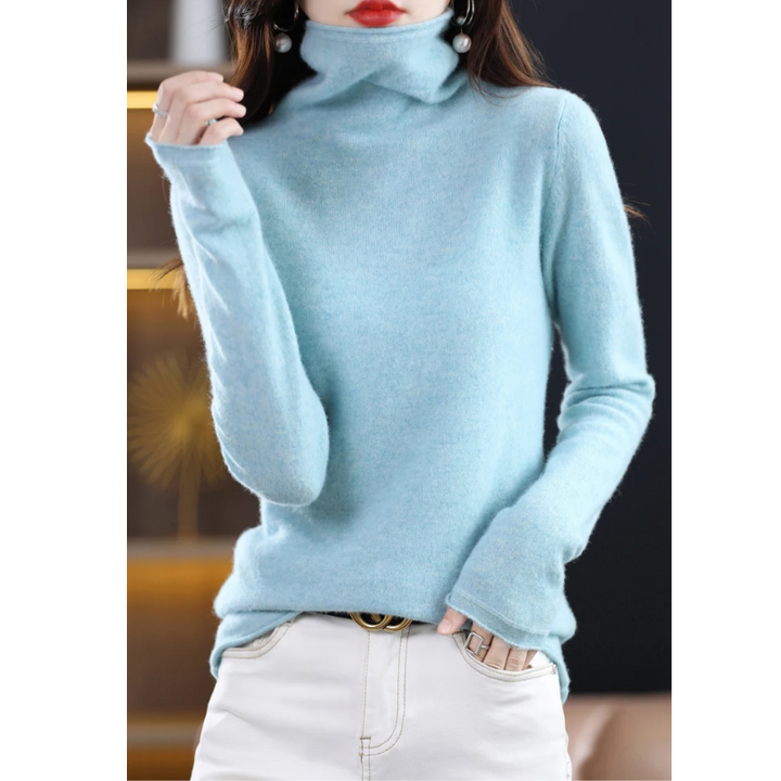 Versatile women's pullover sweater, soft knit with a sophisticated high neck.