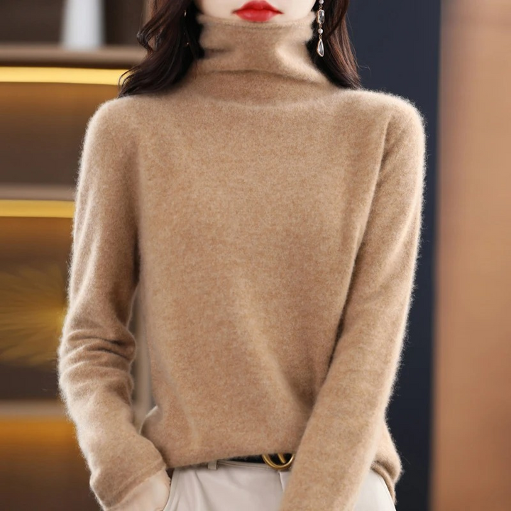Autumn/winter women's knit sweater, cozy roll neck for warmth and style.
