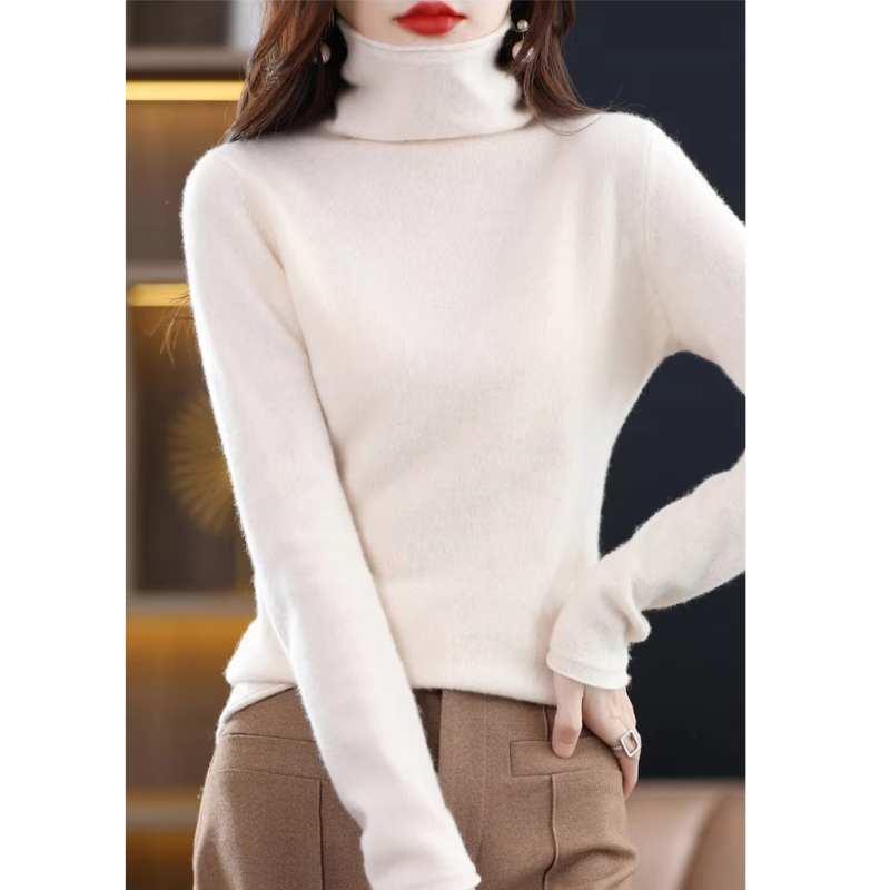 Fashionable women's knitwear pullover, featuring a classic roll neck design.
