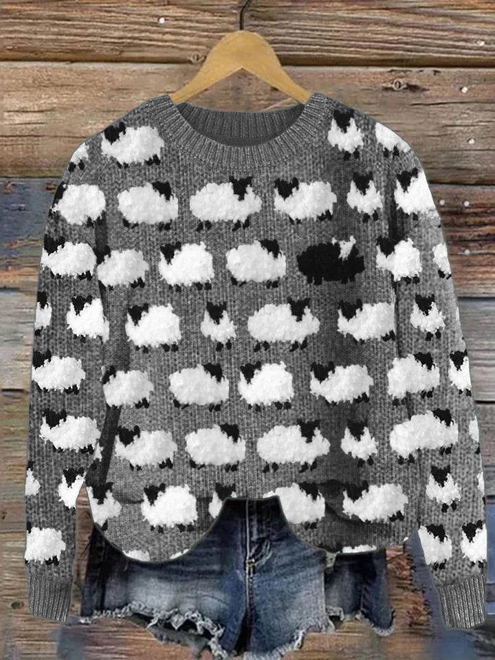 Women's soft sheep pattern sweater, cozy long sleeve pullover for casual winter fashion.