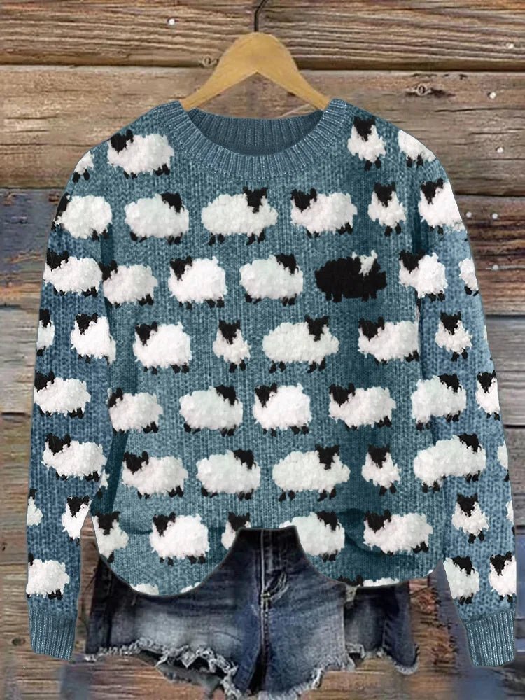 Unique women's sheep pattern pullover sweater, soft & warm long sleeve for cozy winter style.